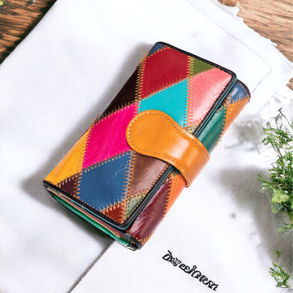 Women's Patchwork Genuine Leather Zip Short Wallet