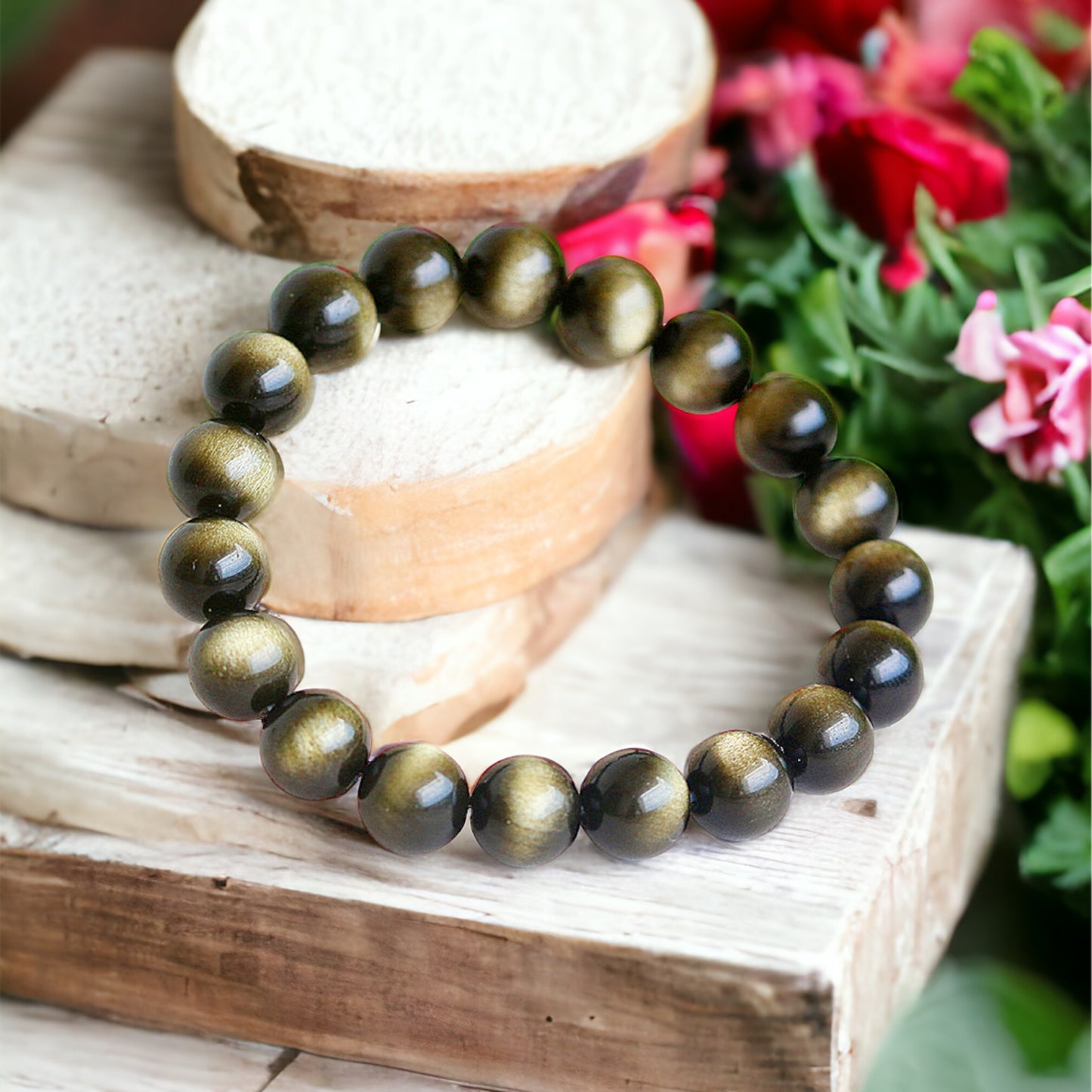 Natural 7A+ Golden Obsidian Bracelet with Cat's Eye Effect  - Prosperity, Protection