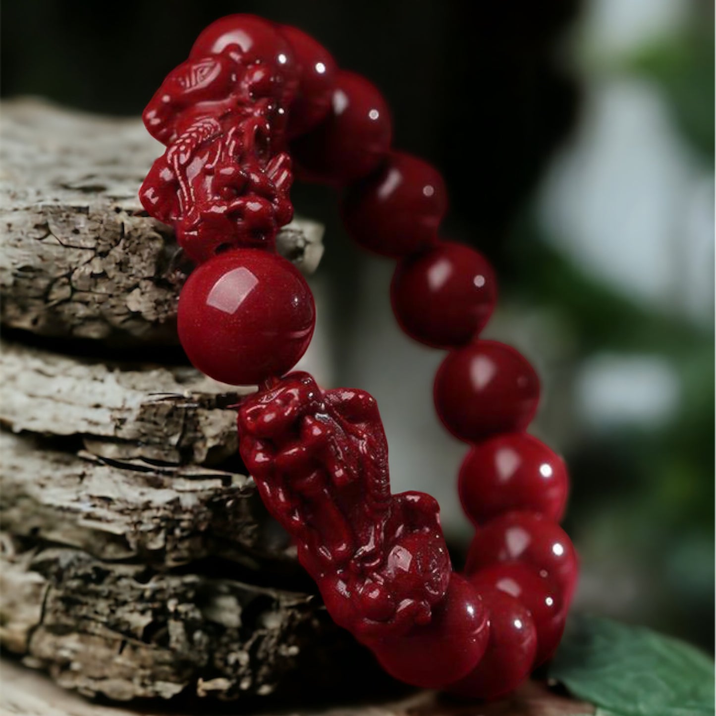 Natural Cinnabar Beads with Dual Pixiu Bracelet - Prosperity