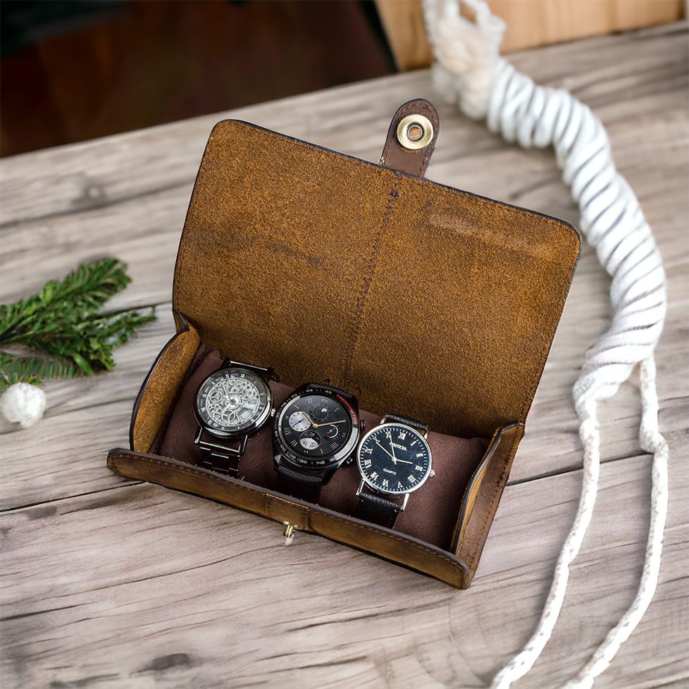 Genuine Leather Cylinder Watch Case for 3 Watches