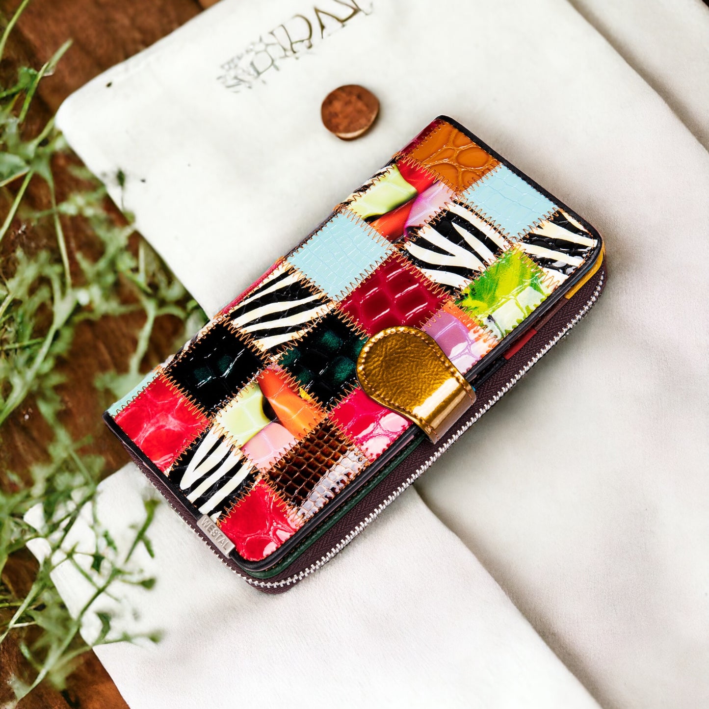 Genuine Patent Leather Patchwork Colorful Phone Wallet