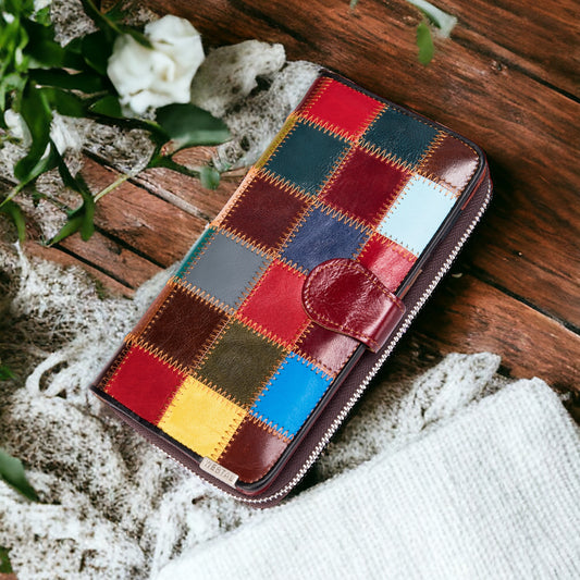 Portefeuille de téléphone coloré en cuir verni véritable patchwork