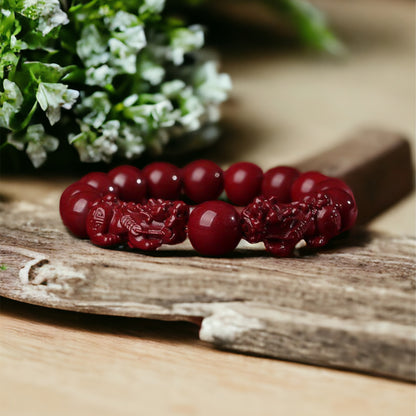 Natural Cinnabar Beads with Dual Pixiu Bracelet - Prosperity