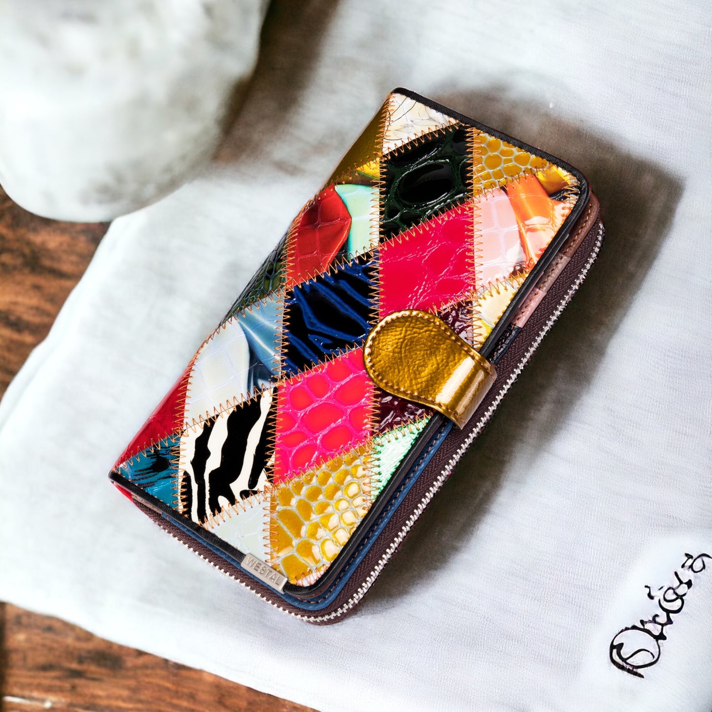 Genuine Patent Leather Patchwork Colorful Phone Wallet