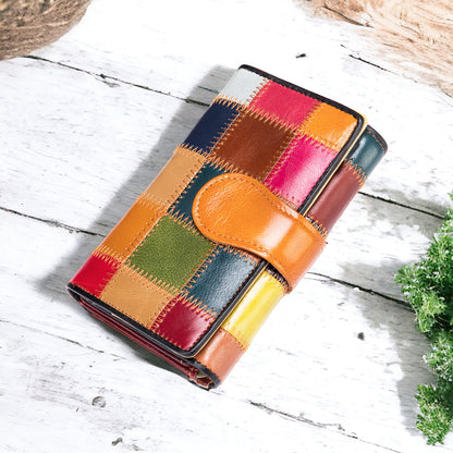 Women's Patchwork Genuine Leather Zip Short Wallet