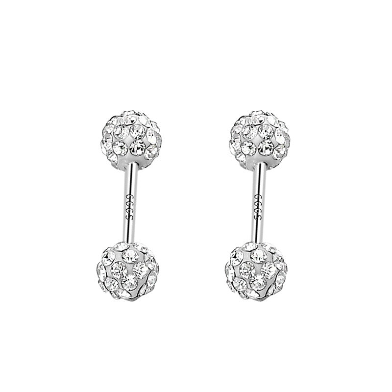 Sterling Silver Shiny Double-Ended Zircon Diamond Ball Ear Studs