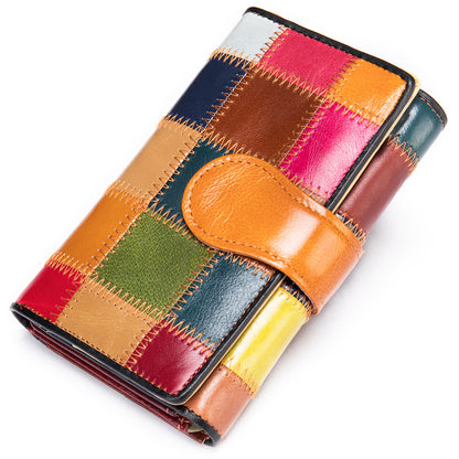 Women's Patchwork Genuine Leather Zip Short Wallet