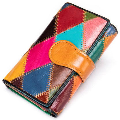 Women's Patchwork Genuine Leather Zip Short Wallet